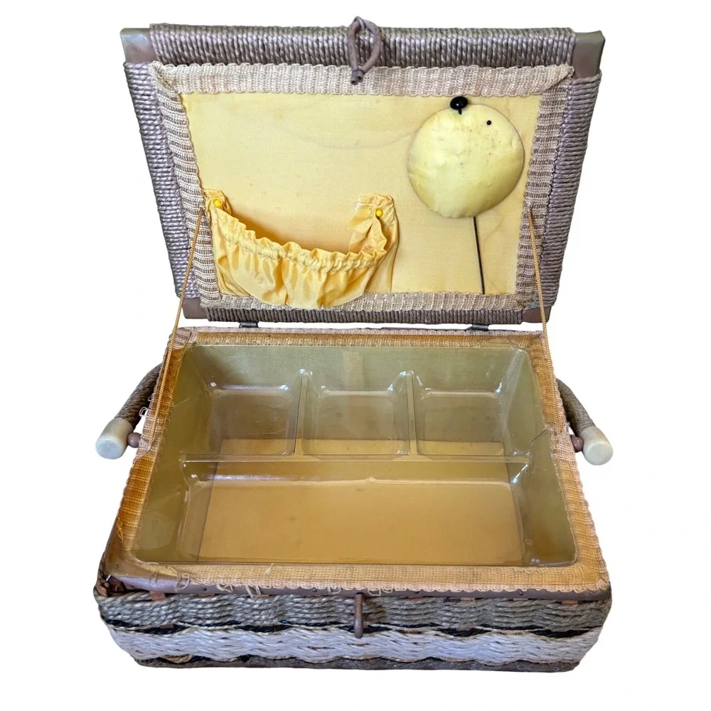 Vintage Sewing Basket‎ Box Wicker Tapestry Cottagecore Organizer with Tray